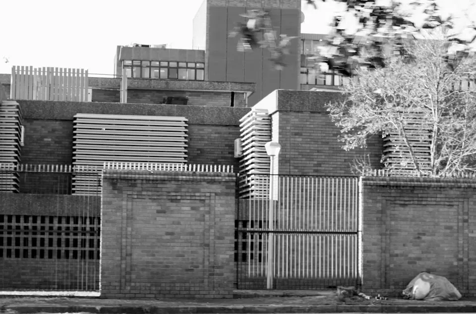 A black and white photograph of a walled suburban house behind a gate and a tree